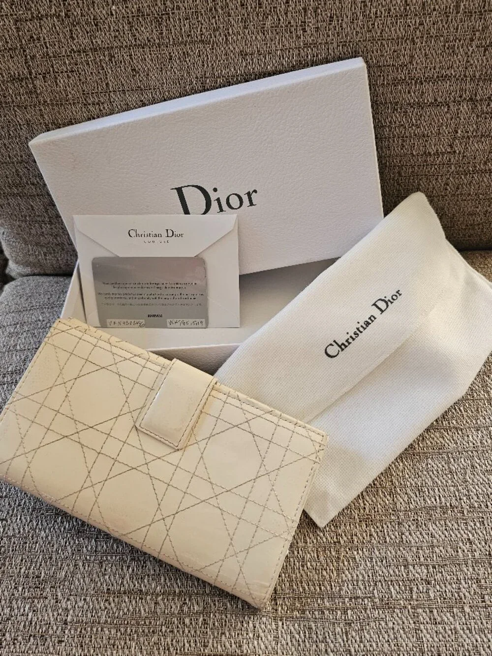 DIOR Cannage Quilted Patent Leather Continental Wallet Box, Dust Bag & Authentic